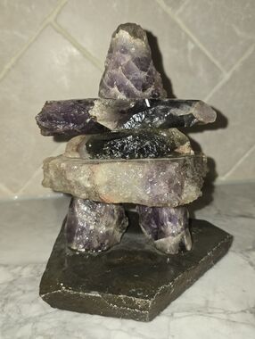 Vintage Inukshuk Figure Purple Amethyst Stone Carving Statue Sculpture